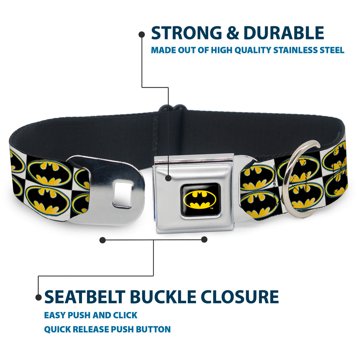 Batman Full Color Black Yellow Seatbelt Buckle Collar - Batman Shield Checkers Dog Collars Seatbelt Buckle DC Comics