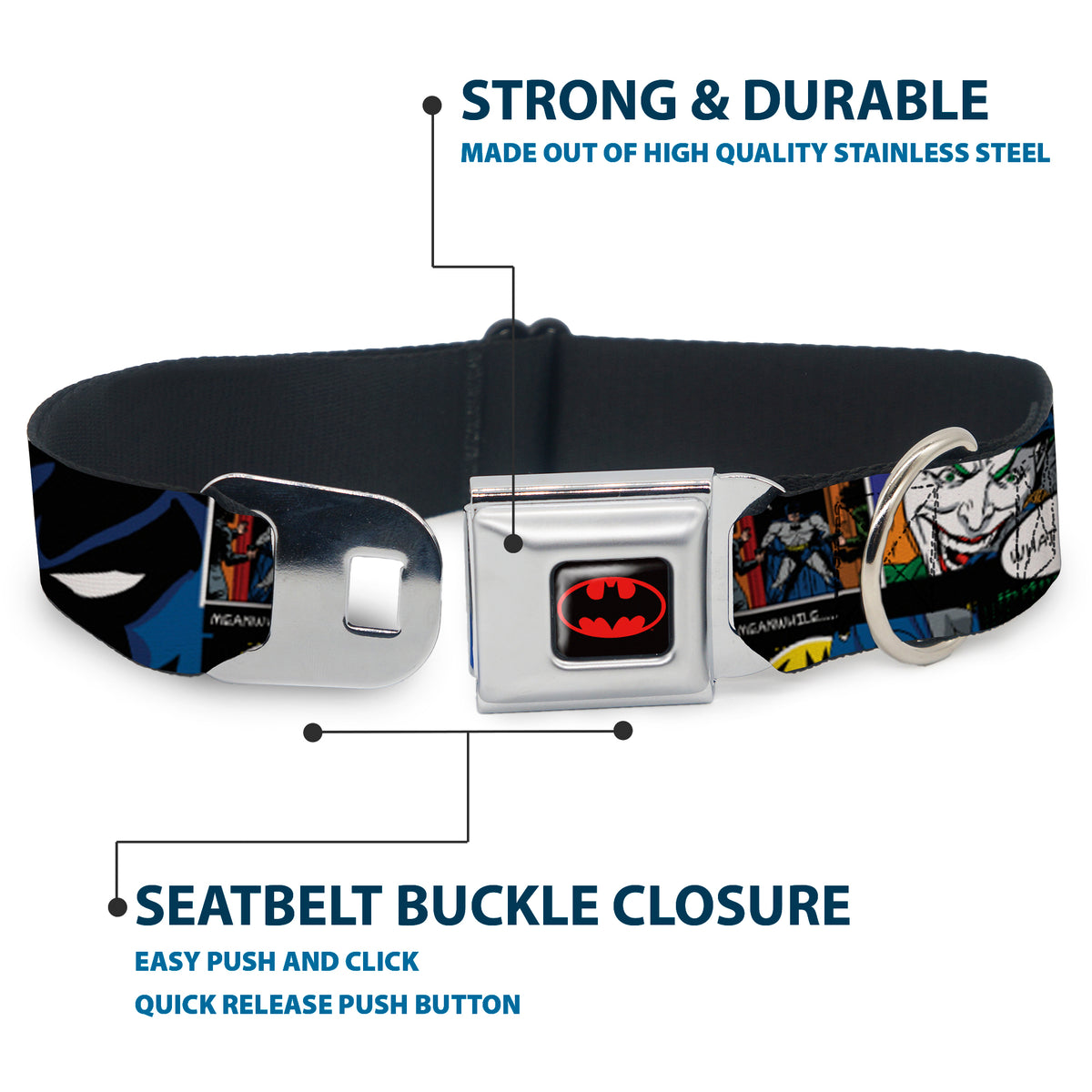 Batman Full Color Black Yellow Seatbelt Buckle Collar - Batman & Joker Comic Strip Dog Collars Seatbelt Buckle DC Comics