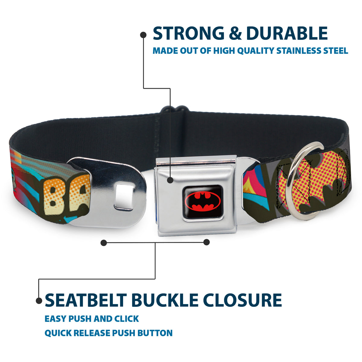 Batman Full Color Black Yellow Seatbelt Buckle Collar - Batman Dark Knight Dog Collars Seatbelt Buckle DC Comics