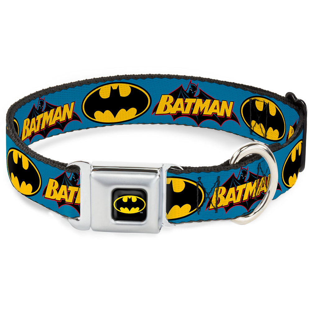 Batman Full Color Black Yellow Seatbelt Buckle Collar - Vintage Batman Logo & Bat Signal Blue Dog Collars Seatbelt Buckle DC Comics