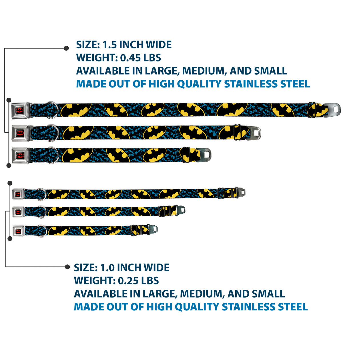 Batman Full Color Black Yellow Seatbelt Buckle Collar - Bat Signals Stacked w/CLOSE-UP Blue/Black/Yellow Dog Collars Seatbelt Buckle DC Comics