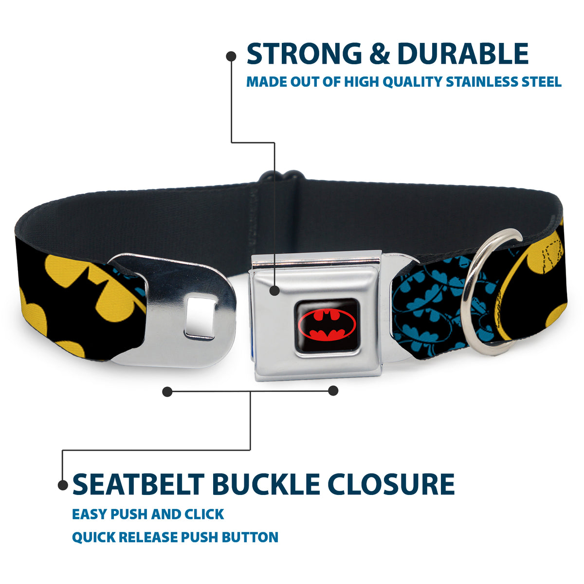 Batman Full Color Black Yellow Seatbelt Buckle Collar - Bat Signals Stacked w/CLOSE-UP Blue/Black/Yellow Dog Collars Seatbelt Buckle DC Comics