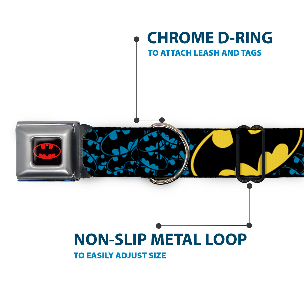 Batman Full Color Black Yellow Seatbelt Buckle Collar - Bat Signals Stacked w/CLOSE-UP Blue/Black/Yellow Dog Collars Seatbelt Buckle DC Comics