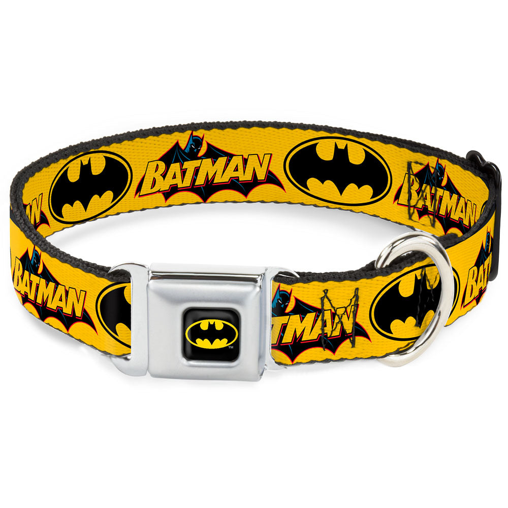 Batman Full Color Black Yellow Seatbelt Buckle Collar - Vintage Batman Logo & Bat Signal-3 Yellow Dog Collars Seatbelt Buckle DC Comics