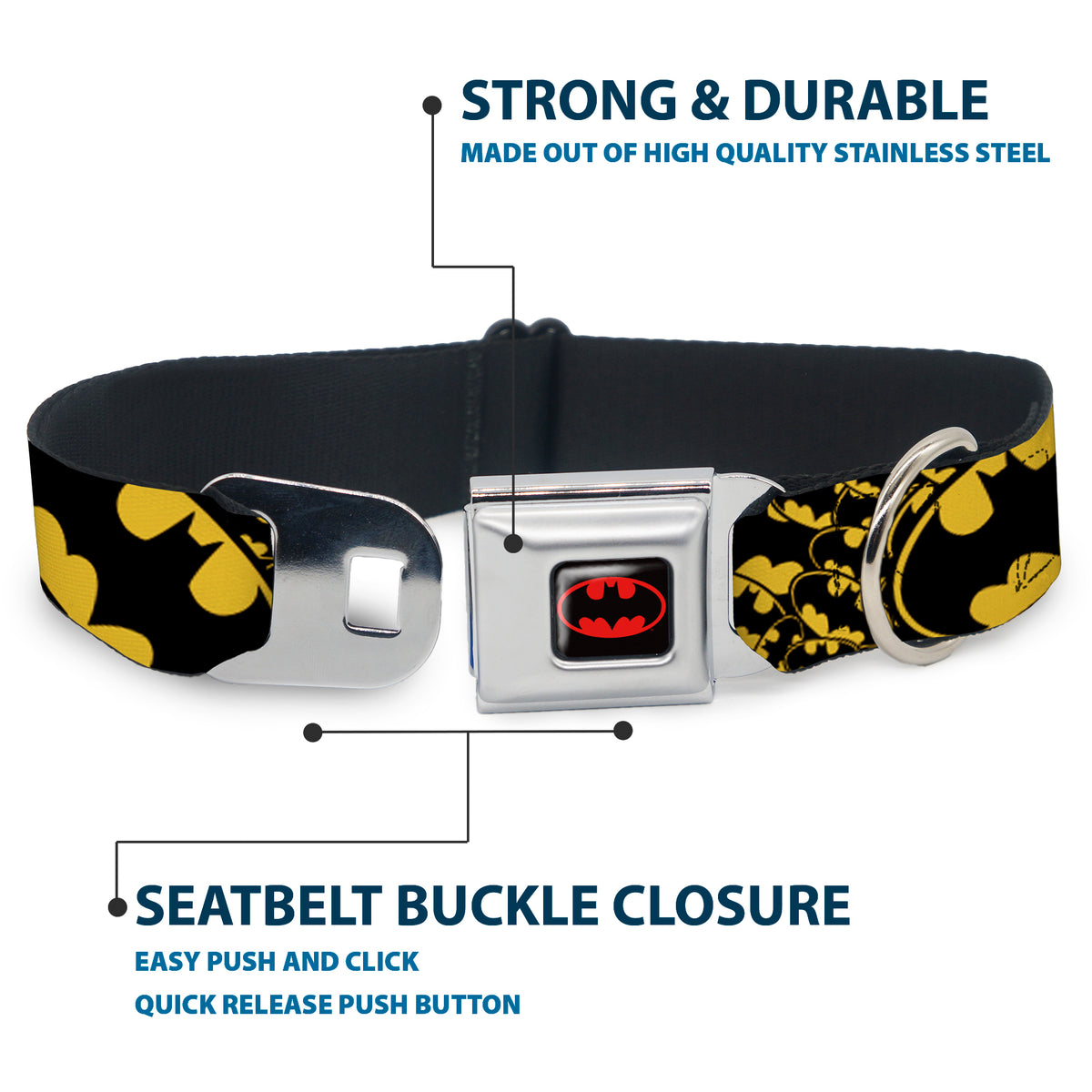 Batman Full Color Black Yellow Seatbelt Buckle Collar - Bat Signals Stacked w/CLOSE-UP Yellow/Black Dog Collars Seatbelt Buckle DC Comics