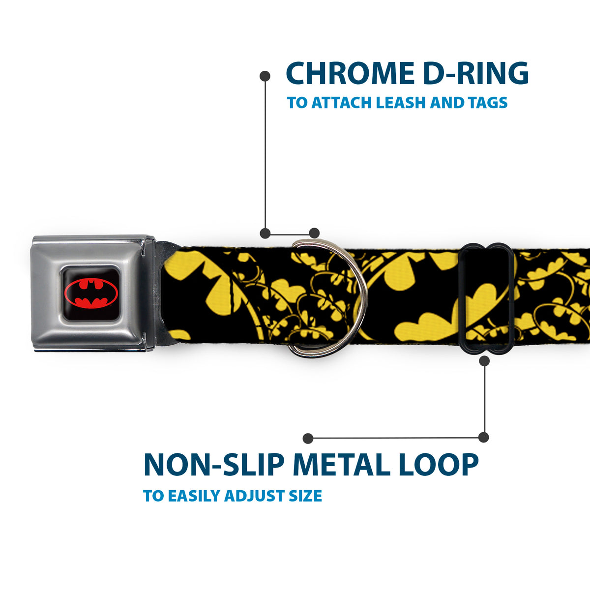 Batman Full Color Black Yellow Seatbelt Buckle Collar - Bat Signals Stacked w/CLOSE-UP Yellow/Black Dog Collars Seatbelt Buckle DC Comics