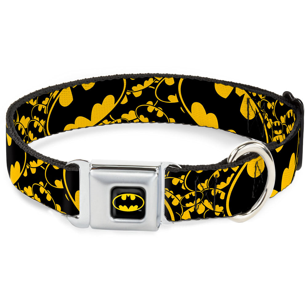 Batman Full Color Black Yellow Seatbelt Buckle Collar - Bat Signals Stacked w/CLOSE-UP Yellow/Black Dog Collars Seatbelt Buckle DC Comics