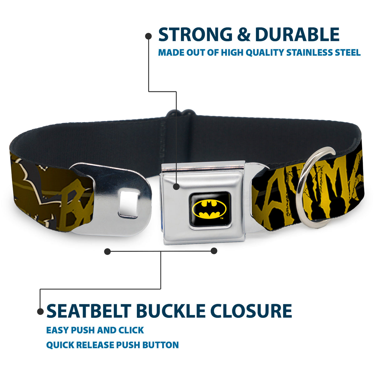 Batman Full Color Black Yellow Seatbelt Buckle Collar - BATMAN w/Bat Signals & Flying Bats Yellow/Black/White Dog Collars Seatbelt Buckle DC Comics