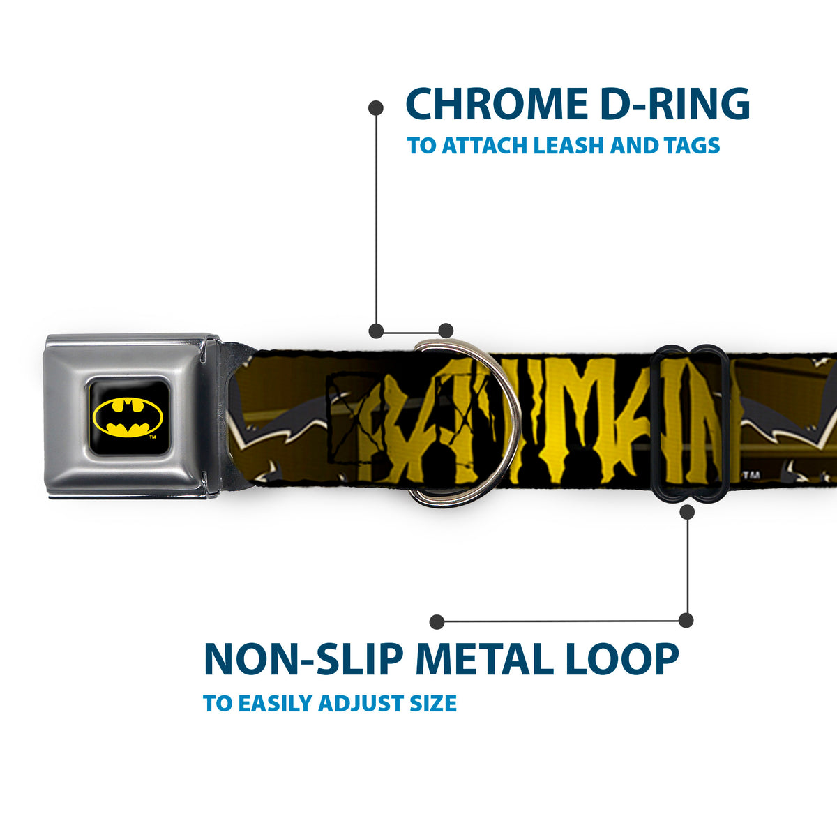 Batman Full Color Black Yellow Seatbelt Buckle Collar - BATMAN w/Bat Signals & Flying Bats Yellow/Black/White Dog Collars Seatbelt Buckle DC Comics