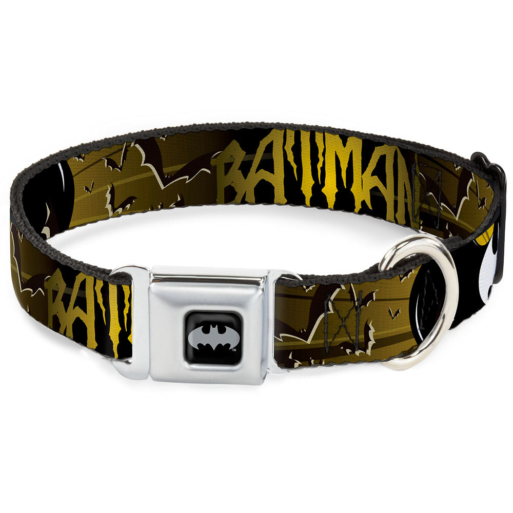 Batman Full Color Black Yellow Seatbelt Buckle Collar - BATMAN w/Bat Signals & Flying Bats Yellow/Black/White Dog Collars Seatbelt Buckle DC Comics