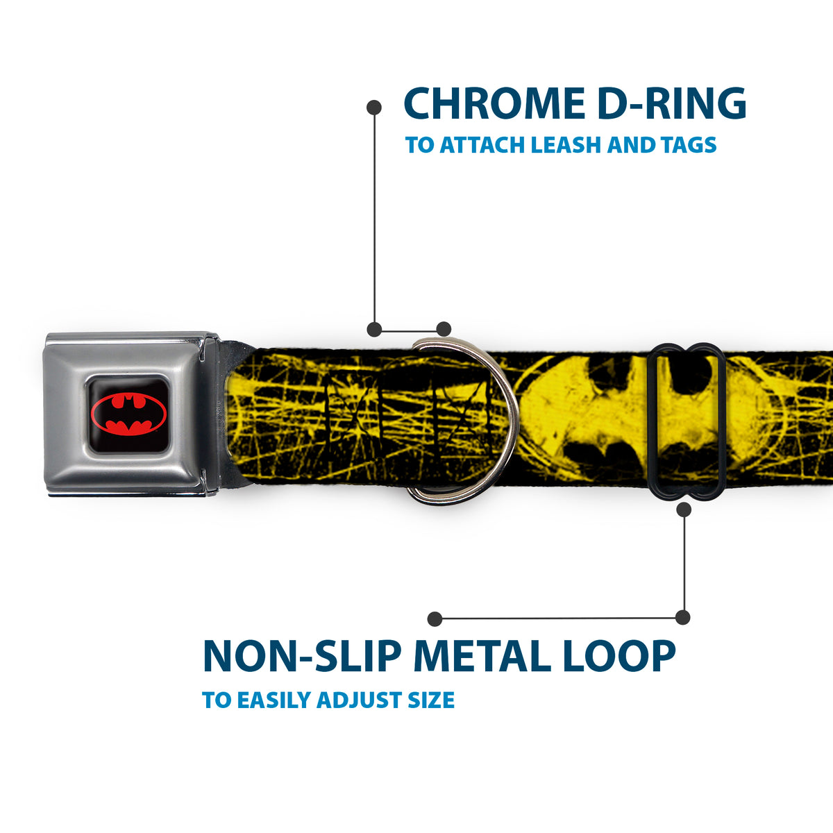 Batman Full Color Black Yellow Seatbelt Buckle Collar - Batman Shield CLOSE-UP Sketch Black/Yellow Dog Collars Seatbelt Buckle DC Comics