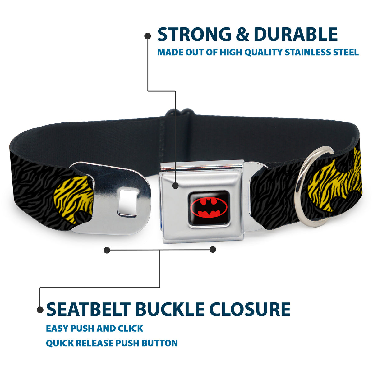 Batman Full Color Black Yellow Seatbelt Buckle Collar - Zebra Bat Signal Black/Gray/Yellow/Black Dog Collars Seatbelt Buckle DC Comics