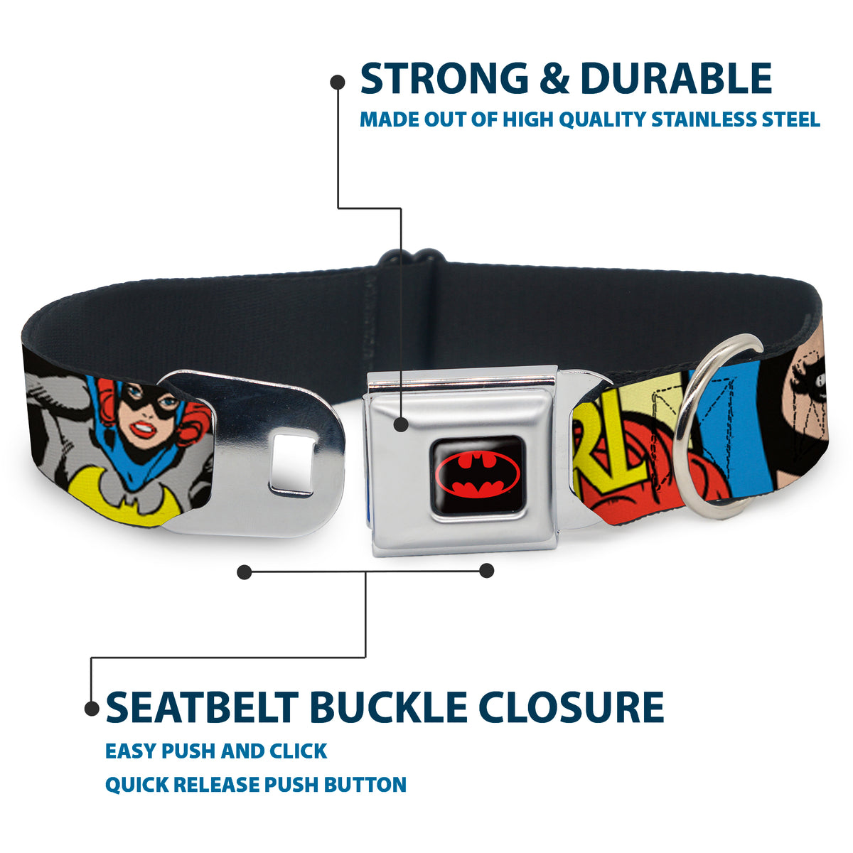 Batman Full Color Black Yellow Seatbelt Buckle Collar - BATGIRL in Action w/Face CLOSE-UP Dog Collars Seatbelt Buckle DC Comics