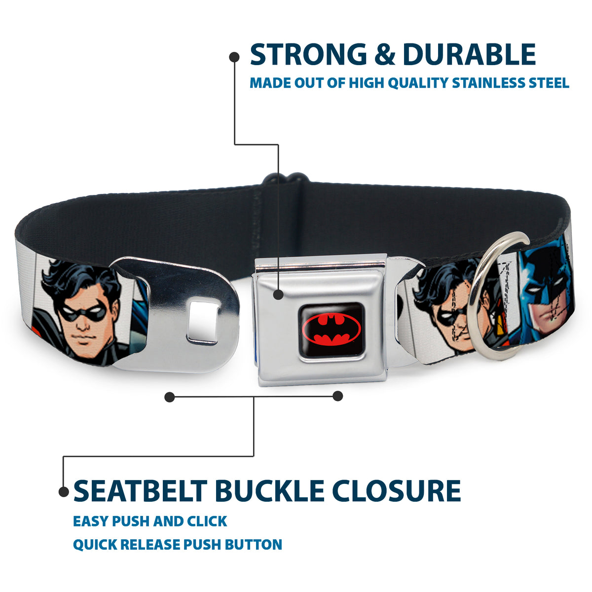 Batman Full Color Black Yellow Seatbelt Buckle Collar - Batman & Robin Blocks White Dog Collars Seatbelt Buckle DC Comics