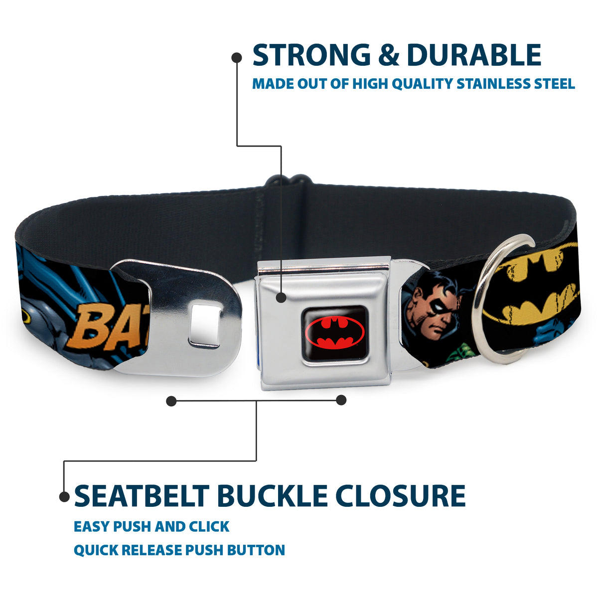 Batman Full Color Black Yellow Seatbelt Buckle Collar - Batman & Robin in Action w/Text Black Dog Collars Seatbelt Buckle DC Comics