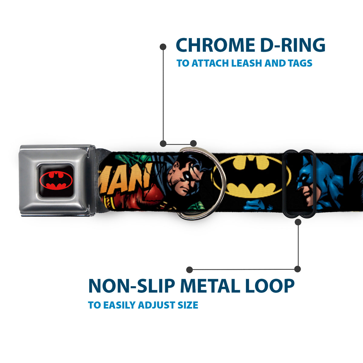 Batman Full Color Black Yellow Seatbelt Buckle Collar - Batman & Robin in Action w/Text Black Dog Collars Seatbelt Buckle DC Comics