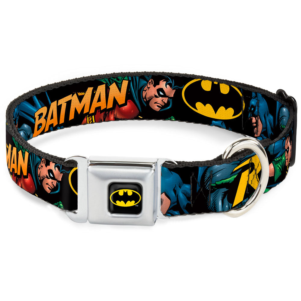Batman Full Color Black Yellow Seatbelt Buckle Collar - Batman & Robin in Action w/Text Black Dog Collars Seatbelt Buckle DC Comics
