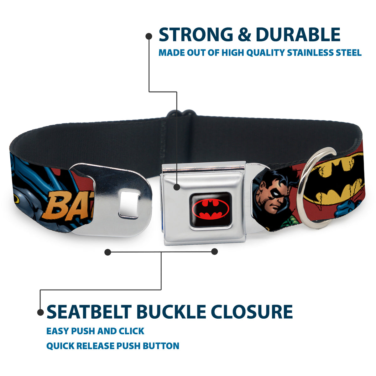 Batman Full Color Black Yellow Seatbelt Buckle Collar - Batman & Robin in Action w/Text Burgundy Dog Collars Seatbelt Buckle DC Comics