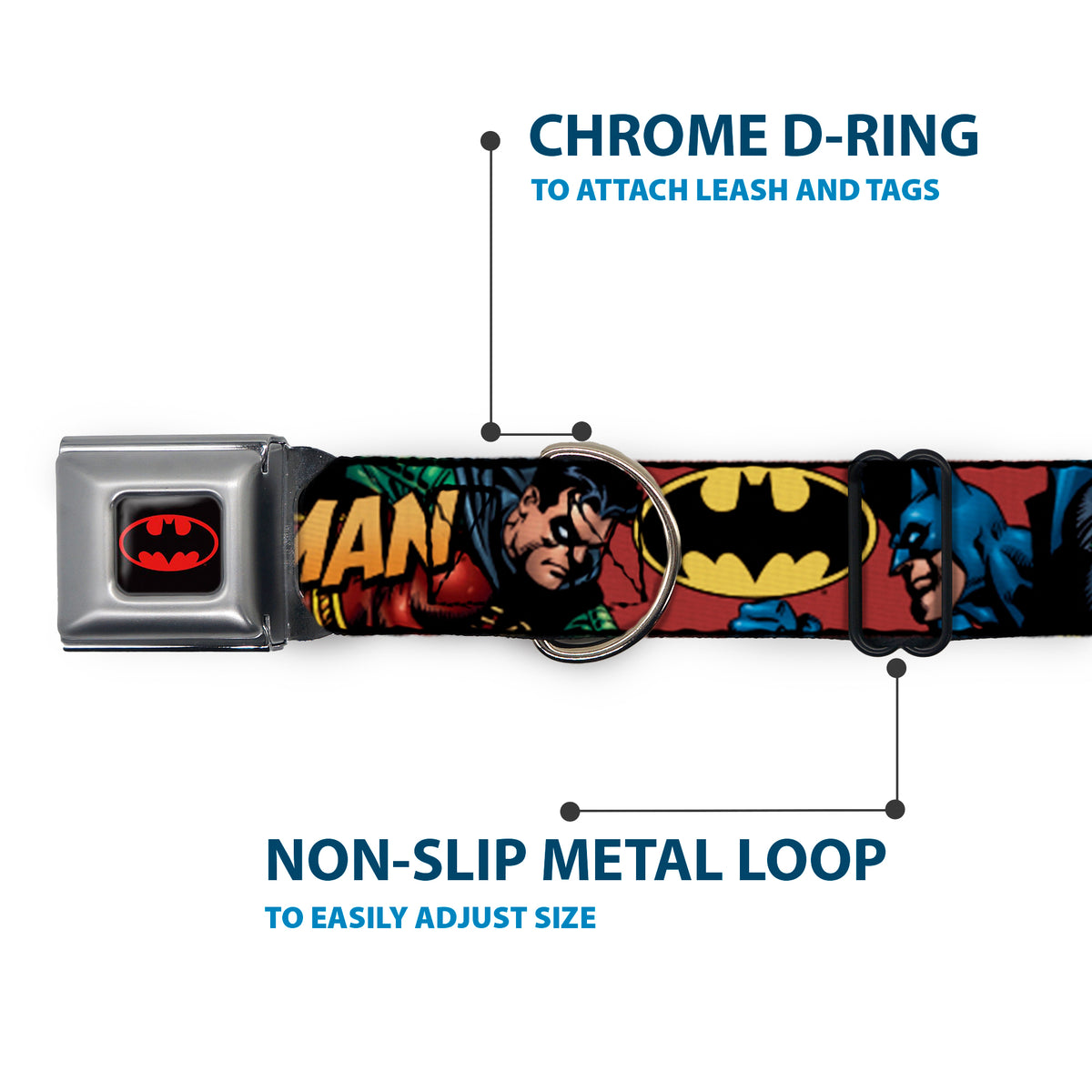 Batman Full Color Black Yellow Seatbelt Buckle Collar - Batman & Robin in Action w/Text Burgundy Dog Collars Seatbelt Buckle DC Comics