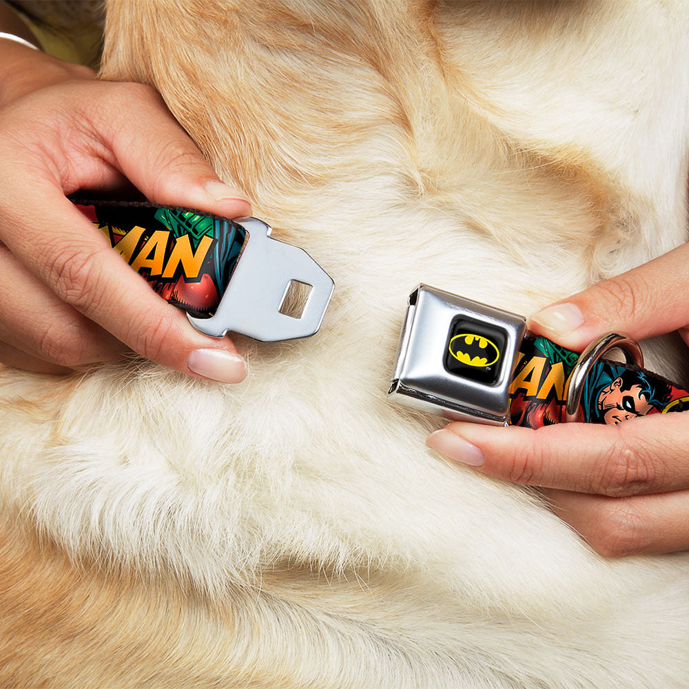 Batman Full Color Black Yellow Seatbelt Buckle Collar - Batman & Robin in Action w/Text Burgundy Dog Collars Seatbelt Buckle DC Comics