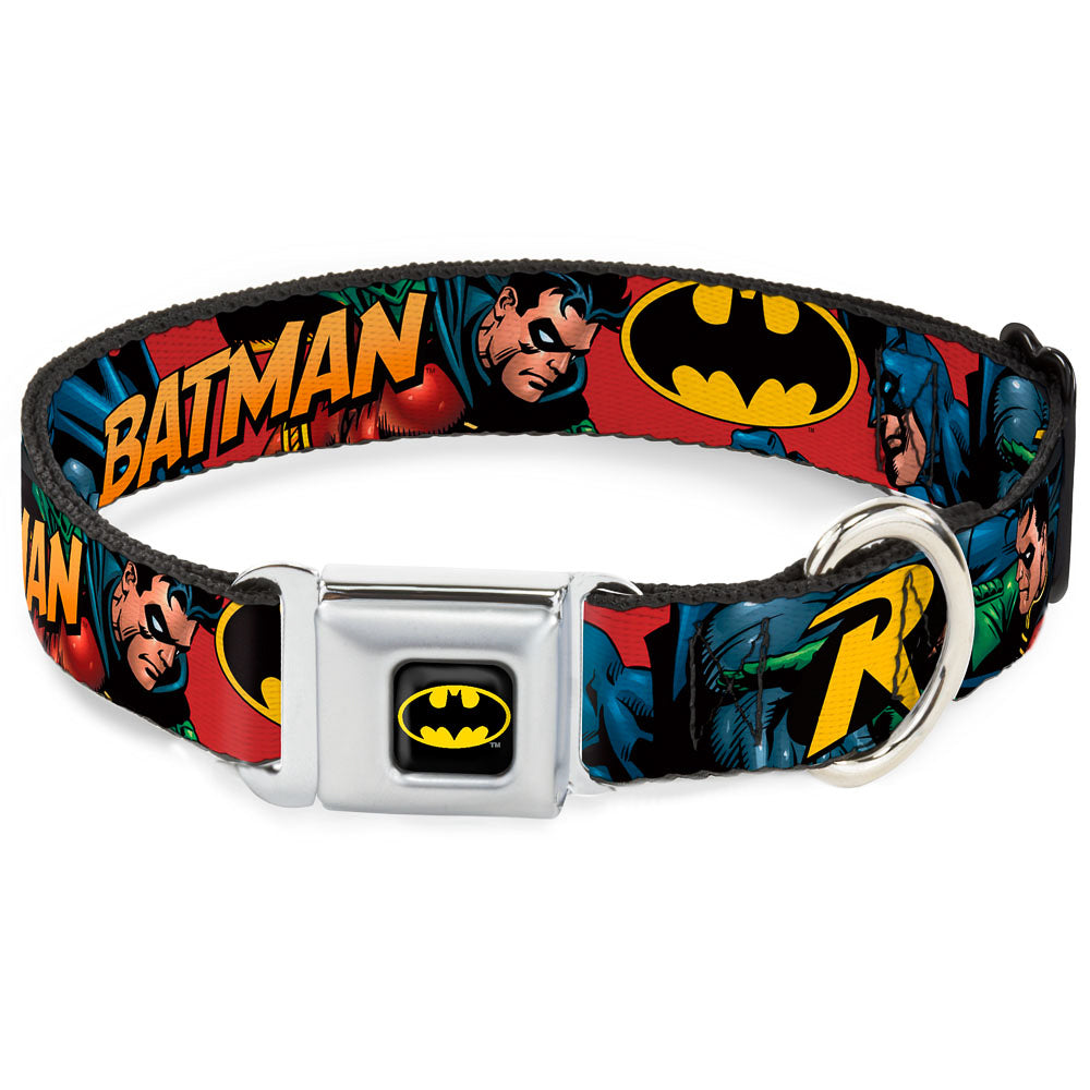 Batman Full Color Black Yellow Seatbelt Buckle Collar - Batman & Robin in Action w/Text Burgundy Dog Collars Seatbelt Buckle DC Comics