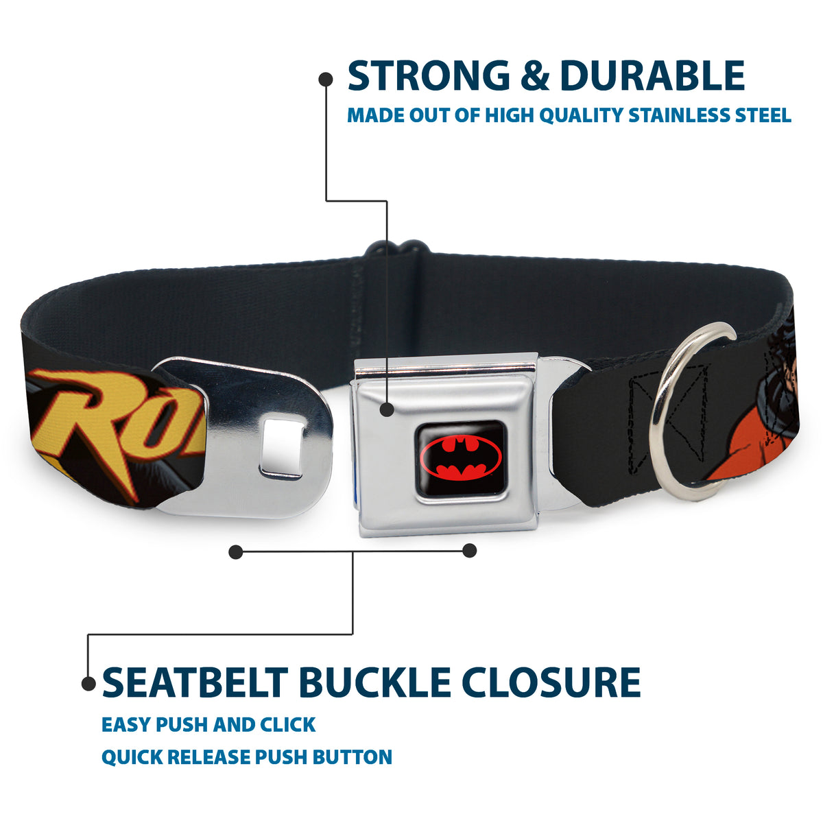 Batman Full Color Black Yellow Seatbelt Buckle Collar - ROBIN Red/Black Poses Gray Dog Collars Seatbelt Buckle DC Comics