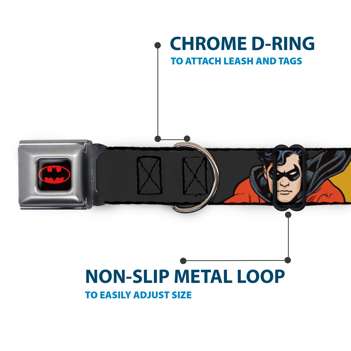 Batman Full Color Black Yellow Seatbelt Buckle Collar - ROBIN Red/Black Poses Gray Dog Collars Seatbelt Buckle DC Comics