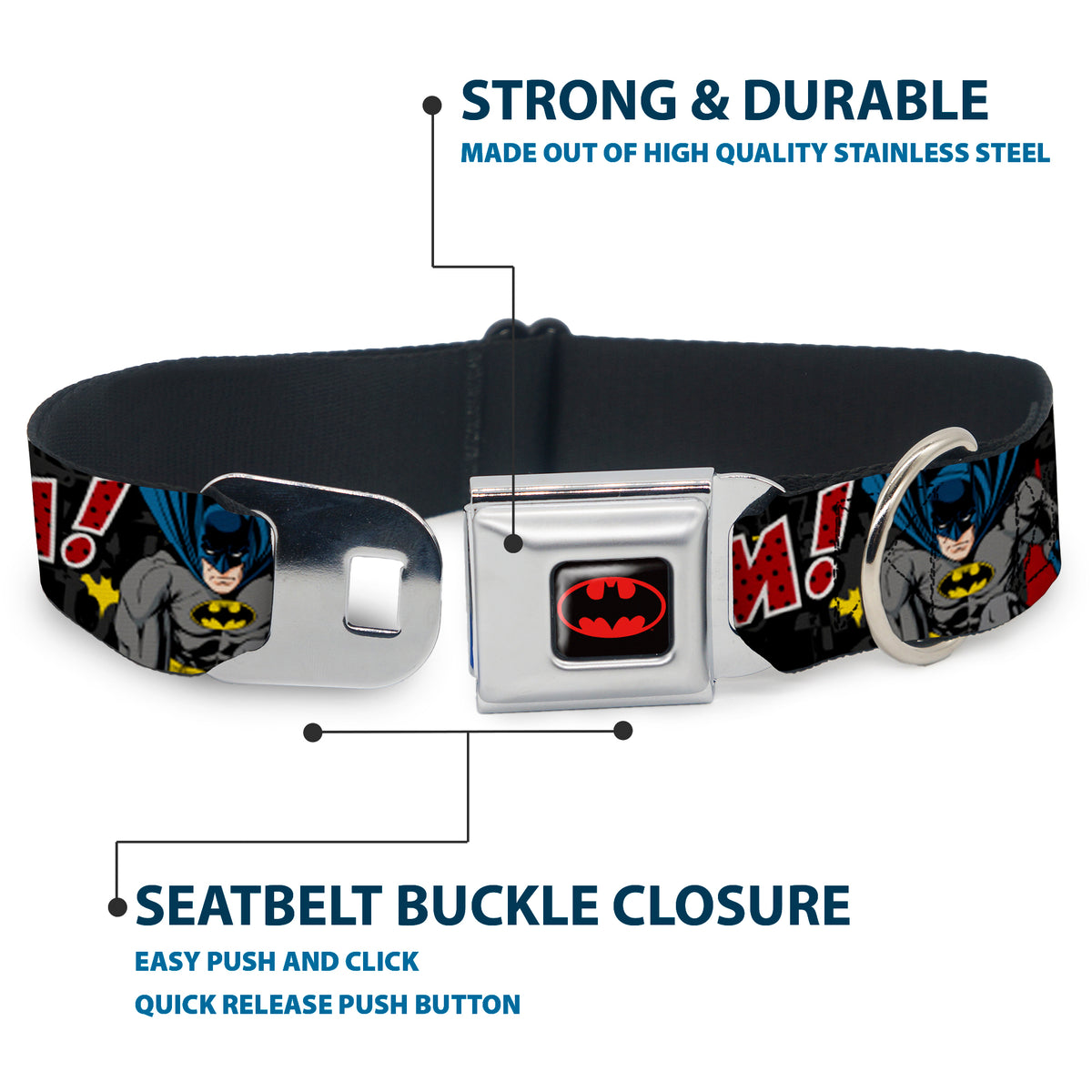 Batman Full Color Black Yellow Seatbelt Buckle Collar - Batman in Action WHOOM! Red Skyline Dog Collars Seatbelt Buckle DC Comics