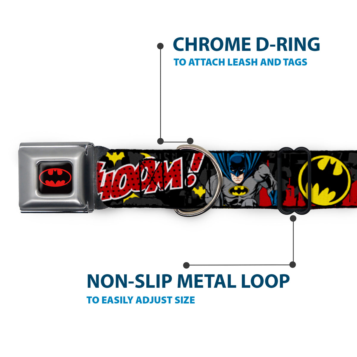 Batman Full Color Black Yellow Seatbelt Buckle Collar - Batman in Action WHOOM! Red Skyline Dog Collars Seatbelt Buckle DC Comics