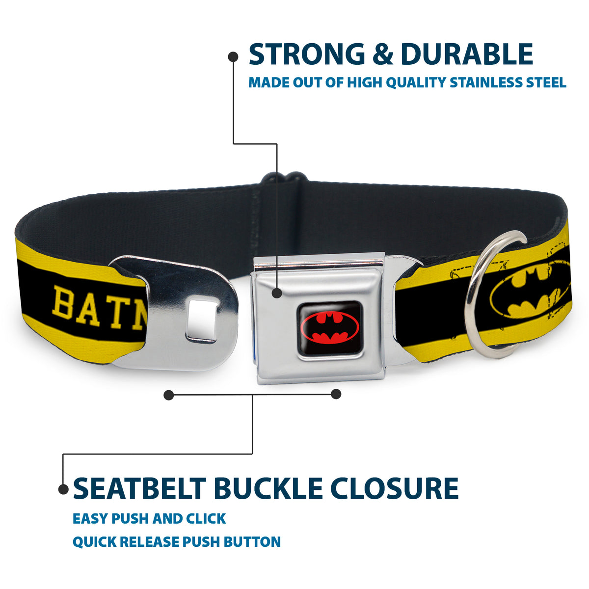 Batman Full Color Black Yellow Seatbelt Buckle Collar - BATMAN/Logo Stripe Yellow/Black Dog Collars Seatbelt Buckle DC Comics