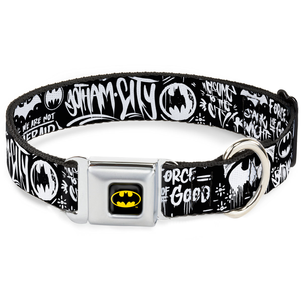 Batman Black/Yellow Seatbelt Buckle Collar - Batman Gotham City Graffiti Collage Black/White Dog Collars Seatbelt Buckle DC Comics