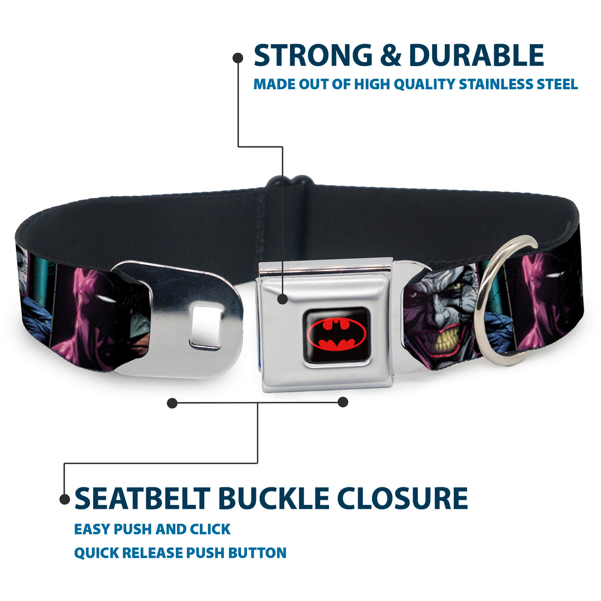Batman Black/Yellow Seatbelt Buckle Collar - Batman Batgirl and Joker Comic Book Cover Face Close-Ups Black Dog Collars Seatbelt Buckle DC Comics