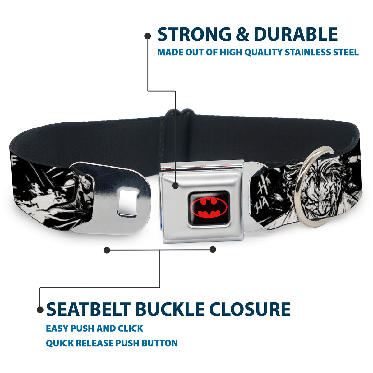 Batman Black/Yellow Seatbelt Buckle Collar - Batman THE DARK KNIGHT and Joker Smiling Sketch Close-Ups Black/White Dog Collars Seatbelt Buckle DC Comics