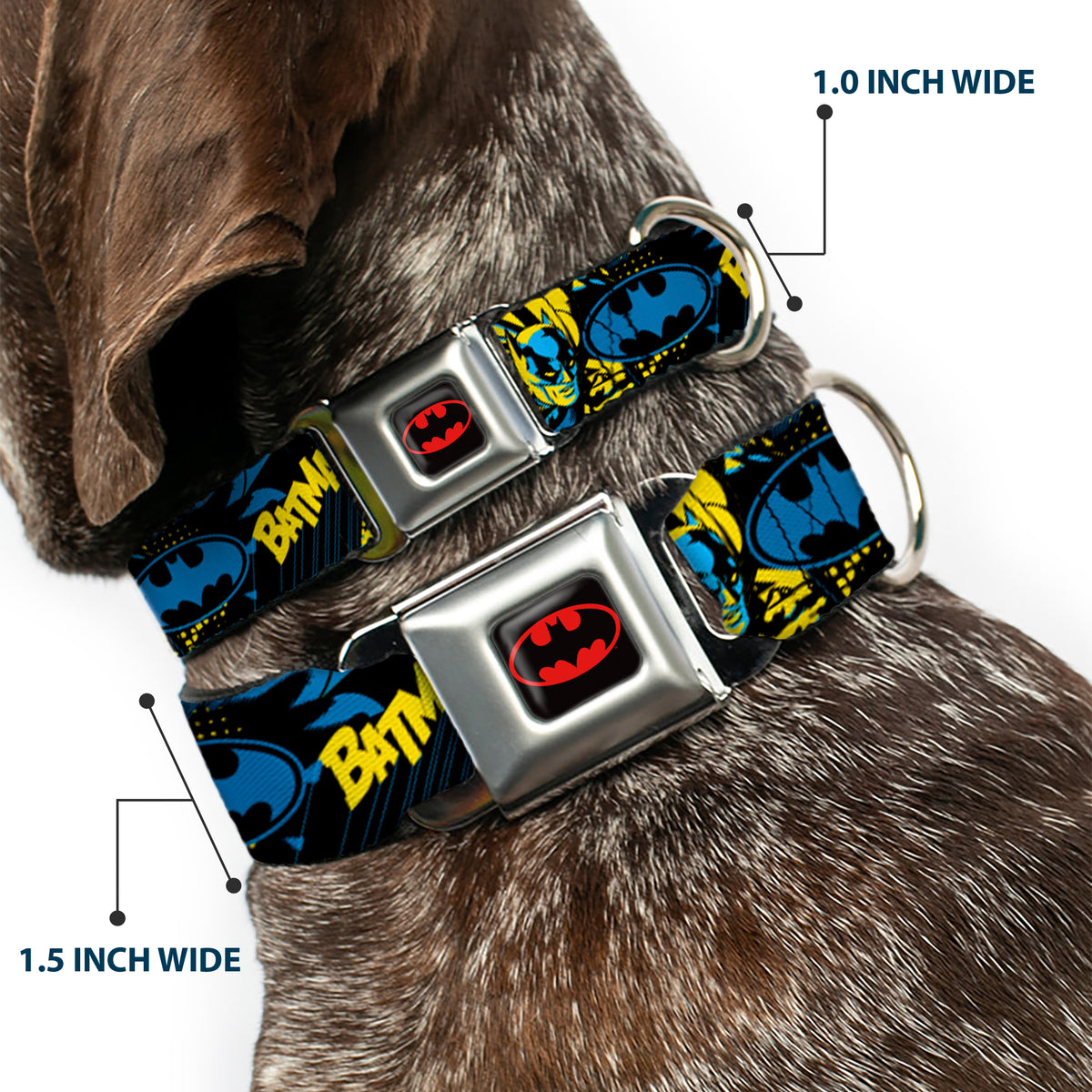 Batman Black/Yellow Seatbelt Buckle Collar - BATMAN Poses and Logo Collage Black/Blue/Yellow Dog Collars Seatbelt Buckle DC Comics