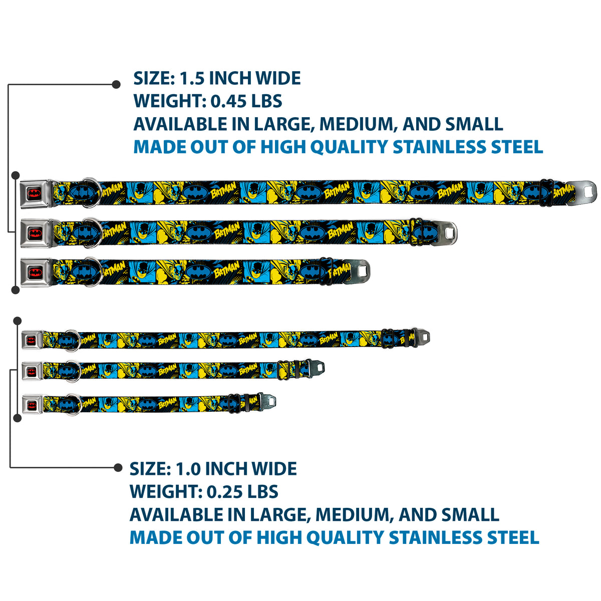 Batman Black/Yellow Seatbelt Buckle Collar - BATMAN Poses and Logo Collage Black/Blue/Yellow Dog Collars Seatbelt Buckle DC Comics