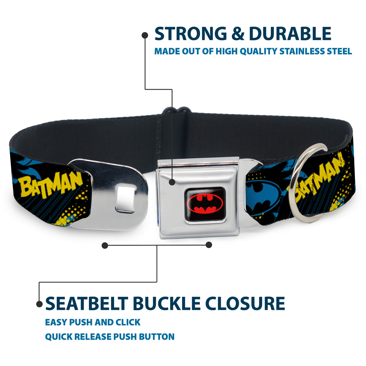 Batman Black/Yellow Seatbelt Buckle Collar - BATMAN Poses and Logo Collage Black/Blue/Yellow Dog Collars Seatbelt Buckle DC Comics
