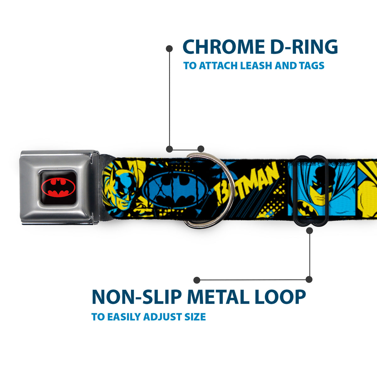 Batman Black/Yellow Seatbelt Buckle Collar - BATMAN Poses and Logo Collage Black/Blue/Yellow Dog Collars Seatbelt Buckle DC Comics