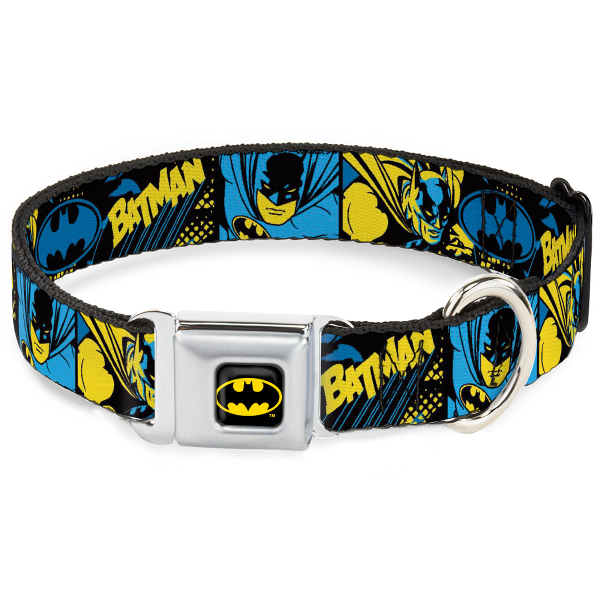 Batman Black/Yellow Seatbelt Buckle Collar - BATMAN Poses and Logo Collage Black/Blue/Yellow Dog Collars Seatbelt Buckle DC Comics