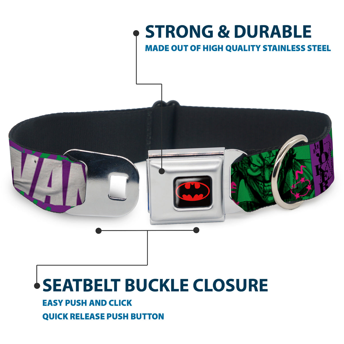 Batman Black/Yellow Seatbelt Buckle Collar - THE JOKER WANTED Smiling Pose and Graffiti Purples/Greens Dog Collars Seatbelt Buckle DC Comics