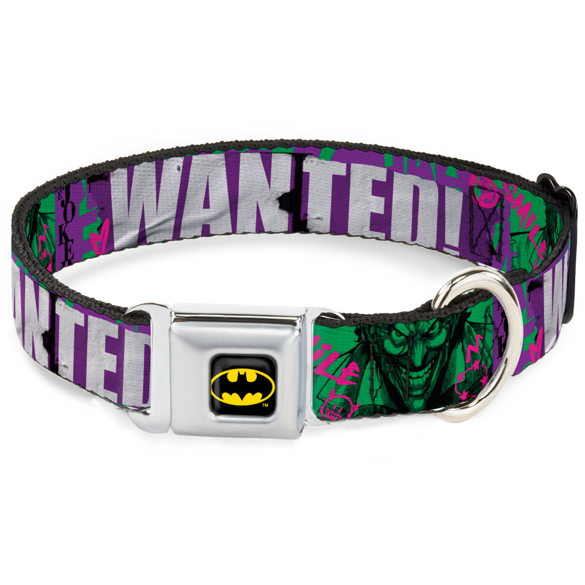 Batman Black/Yellow Seatbelt Buckle Collar - THE JOKER WANTED Smiling Pose and Graffiti Purples/Greens Dog Collars Seatbelt Buckle DC Comics