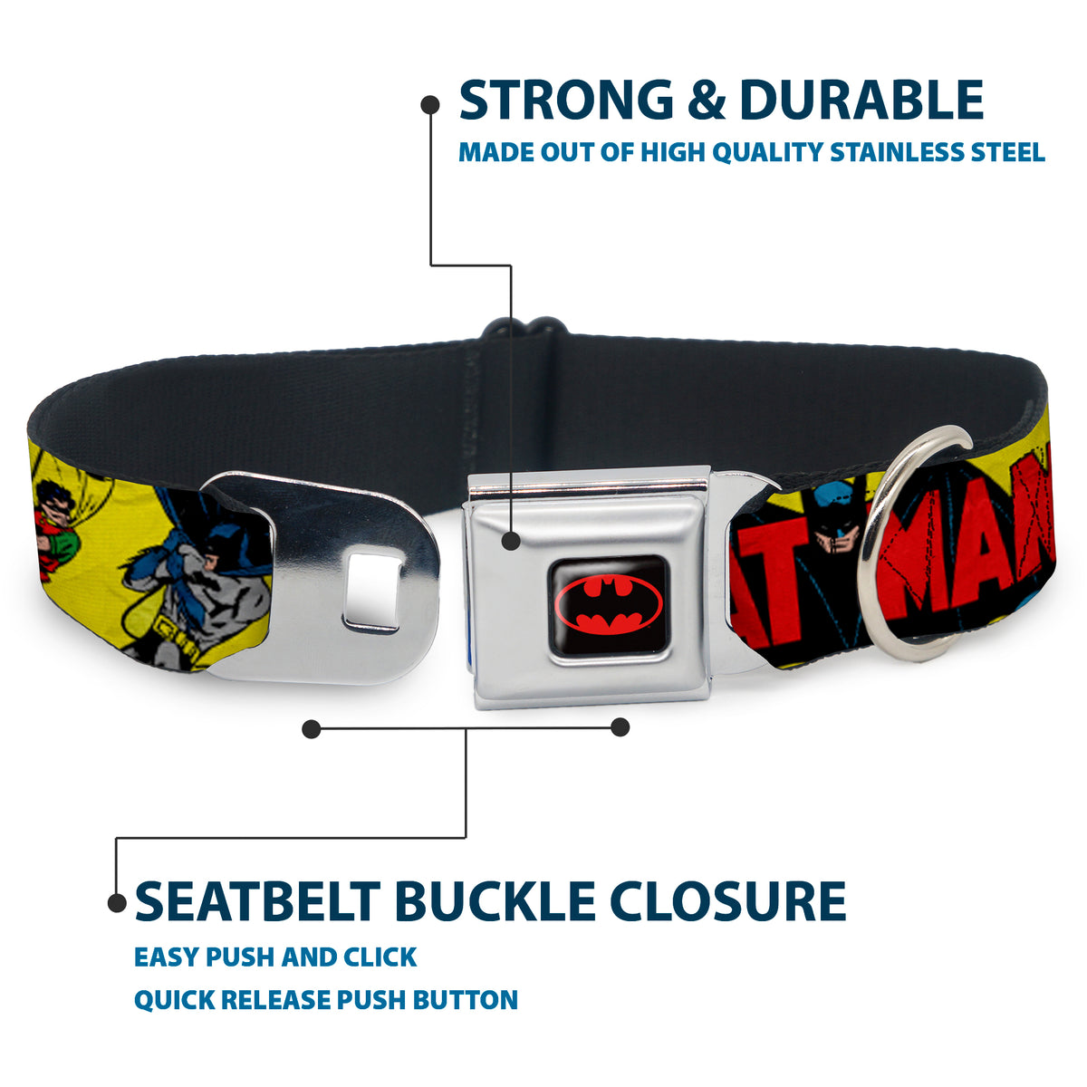 Classic BATMAN Comic Logo Full Color Yellow/Black/Red Seatbelt Buckle Collar - Classic BATMAN Issue #1 Robin & Batman Cover Pose Yellow/Red Dog Collars Seatbelt Buckle DC Comics