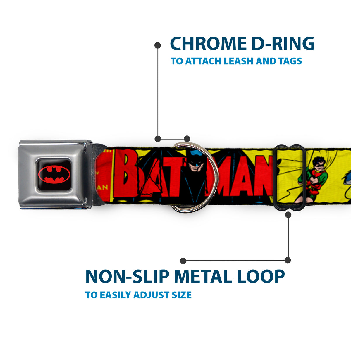 Classic BATMAN Comic Logo Full Color Yellow/Black/Red Seatbelt Buckle Collar - Classic BATMAN Issue #1 Robin & Batman Cover Pose Yellow/Red Dog Collars Seatbelt Buckle DC Comics