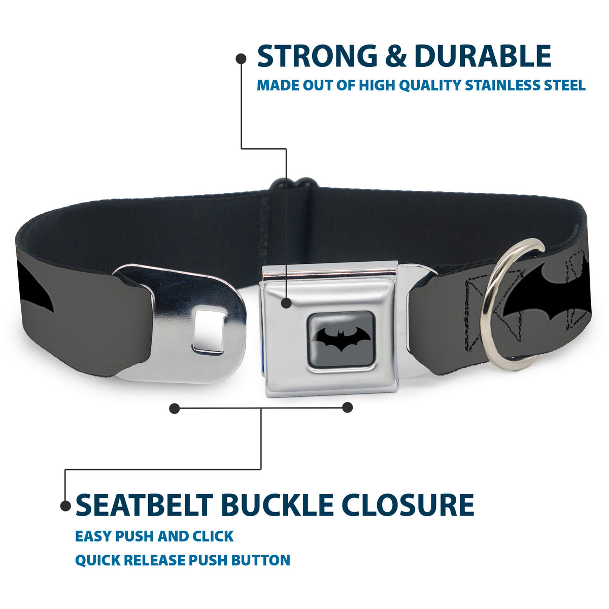 Retro Bat Logo Full Color Gray/Black Seatbelt Buckle Collar - Retro Bat Logo Gray/Black Dog Collars Seatbelt Buckle DC Comics