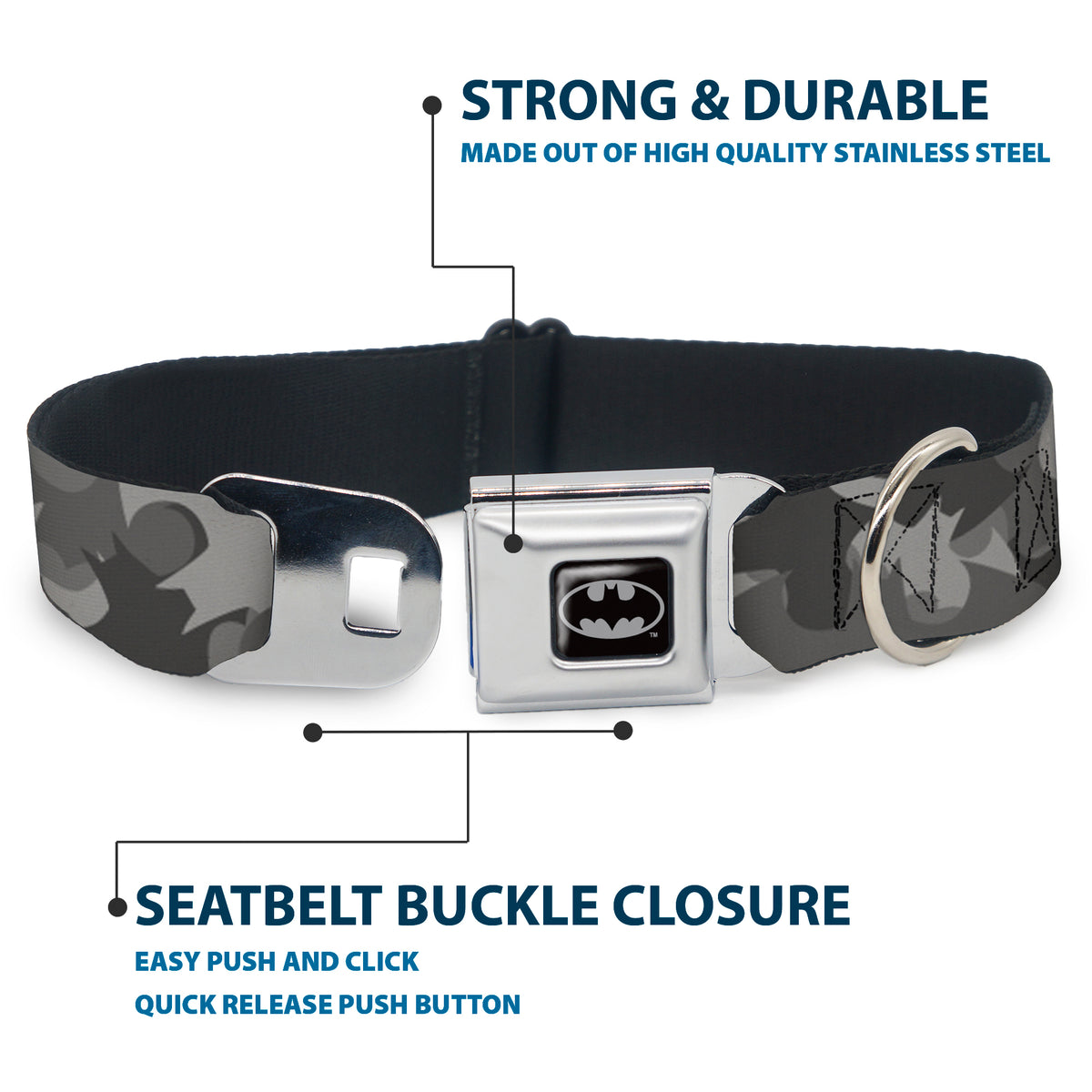 Batman Black/Silver/Black Seatbelt Buckle Collar - Bat Signal Stacked Black/Grays Dog Collars Seatbelt Buckle DC Comics