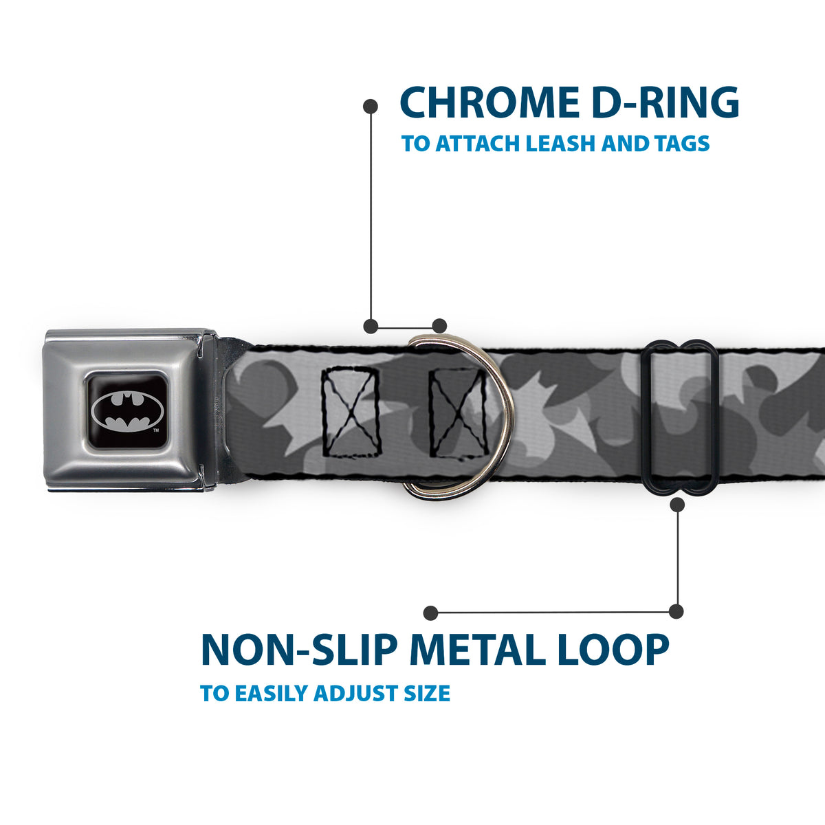 Batman Black/Silver/Black Seatbelt Buckle Collar - Bat Signal Stacked Black/Grays Dog Collars Seatbelt Buckle DC Comics