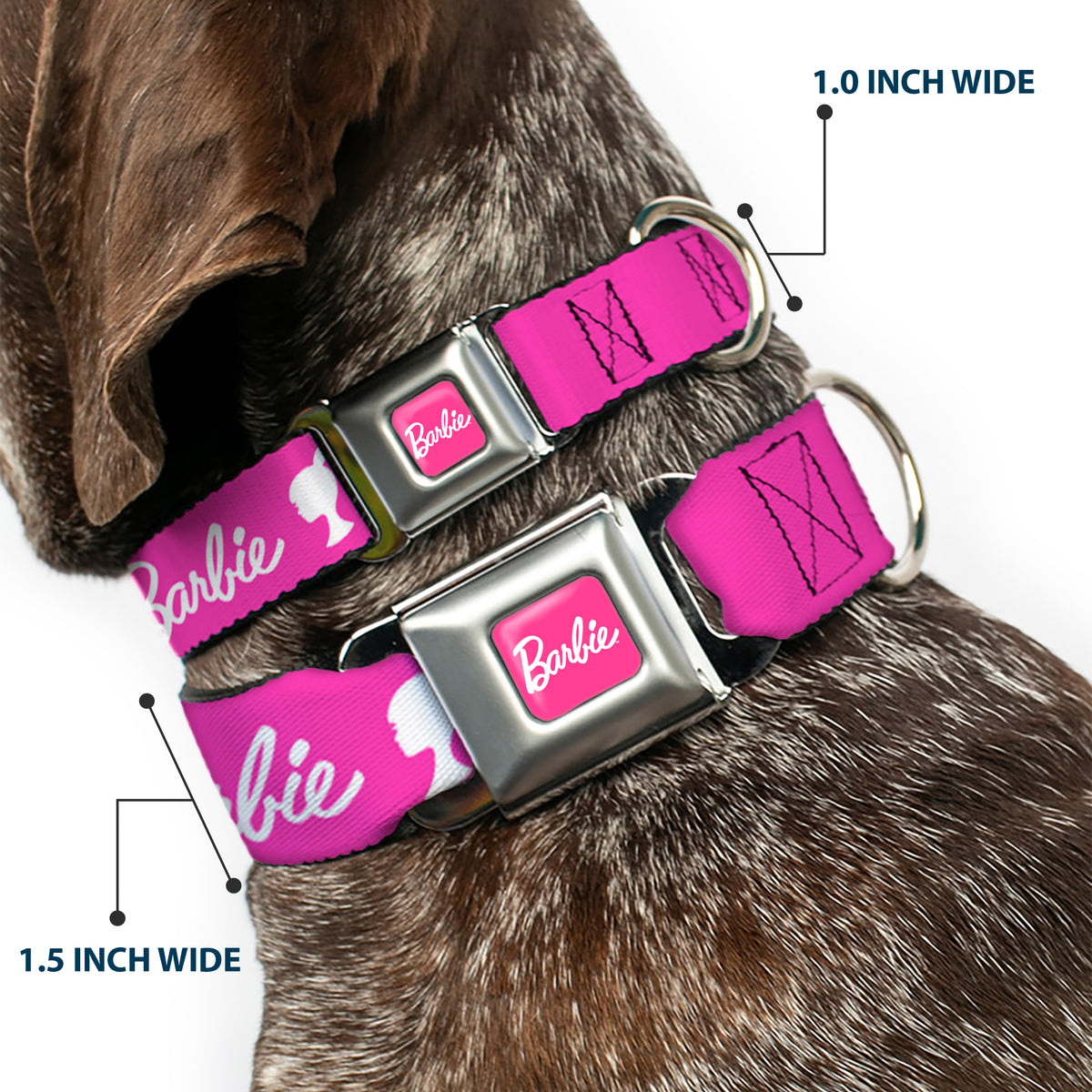 BARBIE Script Signature Full Color Hot Pink/White Seatbelt Buckle Collar - BARBIE Script Signature Logo and Silhouette Hot Pink/White Dog Collars Seatbelt Buckle Barbie