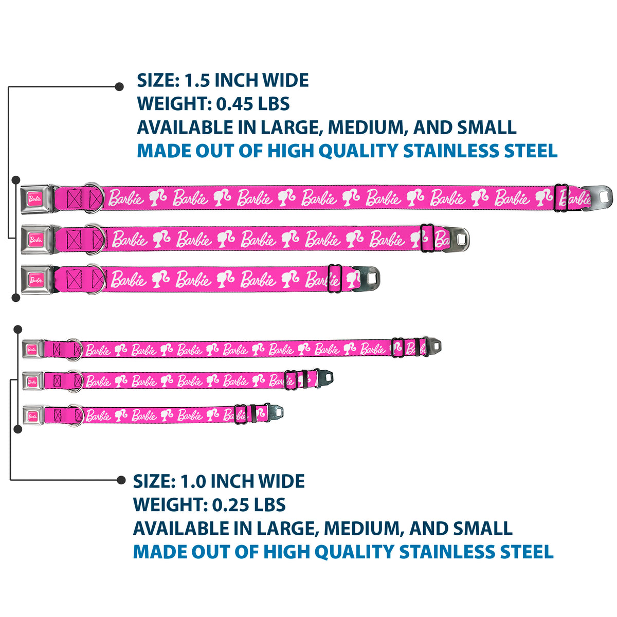 BARBIE Script Signature Full Color Hot Pink/White Seatbelt Buckle Collar - BARBIE Script Signature Logo and Silhouette Hot Pink/White Dog Collars Seatbelt Buckle Barbie