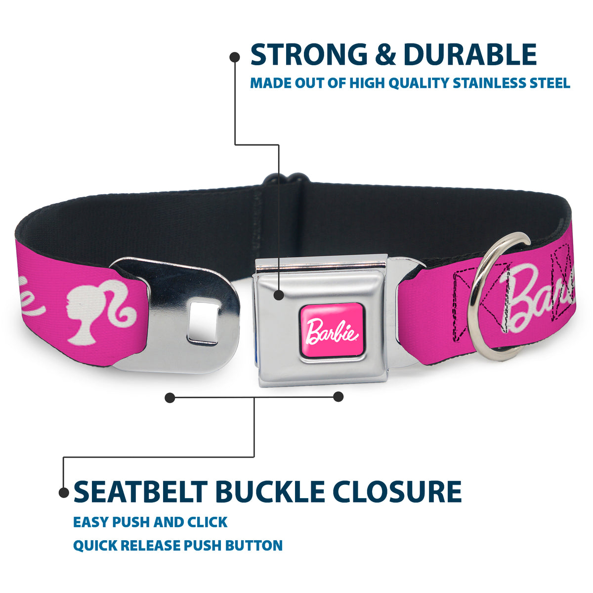BARBIE Script Signature Full Color Hot Pink/White Seatbelt Buckle Collar - BARBIE Script Signature Logo and Silhouette Hot Pink/White Dog Collars Seatbelt Buckle Barbie