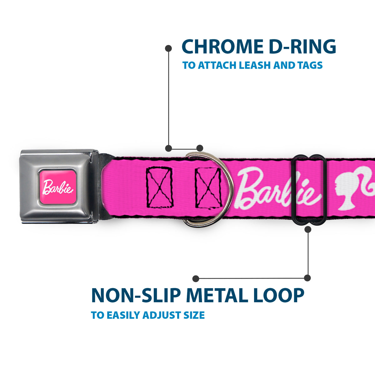 BARBIE Script Signature Full Color Hot Pink/White Seatbelt Buckle Collar - BARBIE Script Signature Logo and Silhouette Hot Pink/White Dog Collars Seatbelt Buckle Barbie