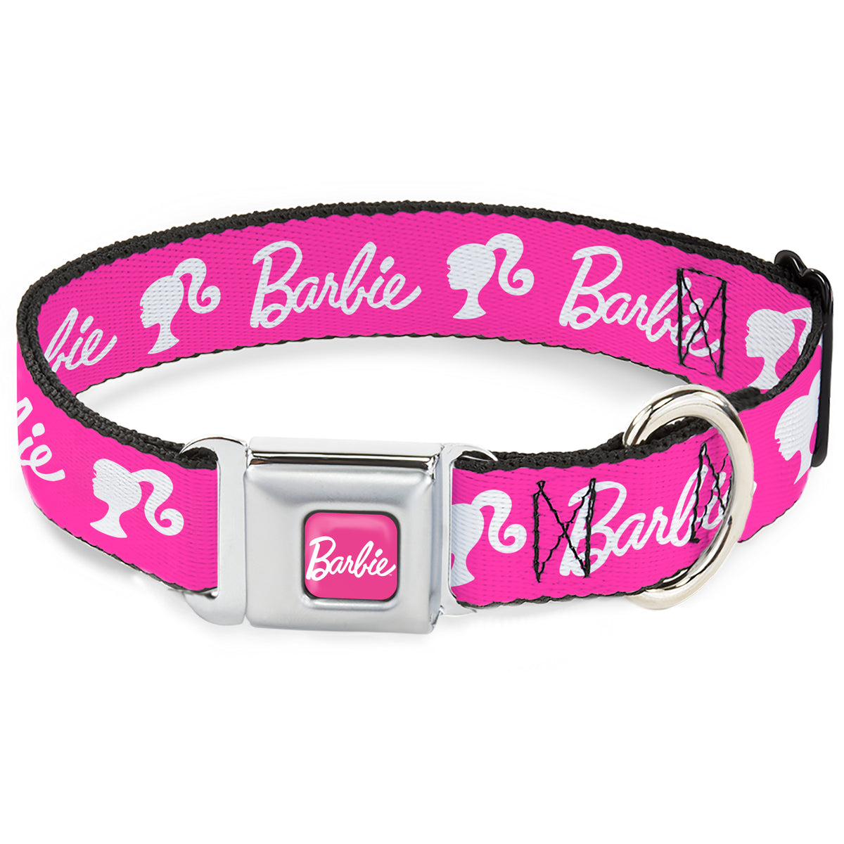 BARBIE Script Signature Full Color Hot Pink/White Seatbelt Buckle Collar - BARBIE Script Signature Logo and Silhouette Hot Pink/White Dog Collars Seatbelt Buckle Barbie